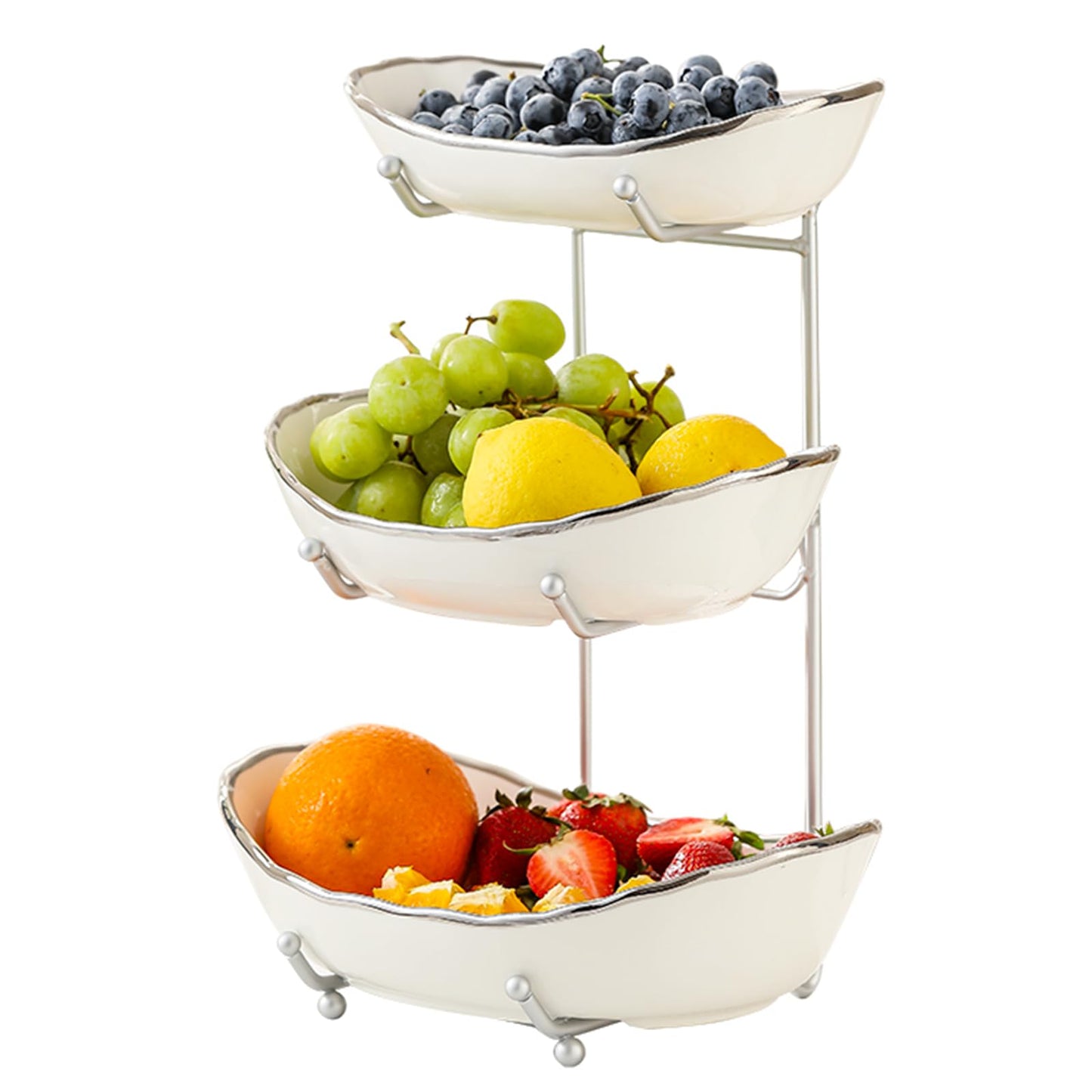 HOMKULA 3 Tier Ceramic Fruit Bowl for Kitchen Counter Tiered Fruit Basket for Countertop Modern Multi Layer Fruit Display Stand for Party Cute & Small (Silver-rimmed)